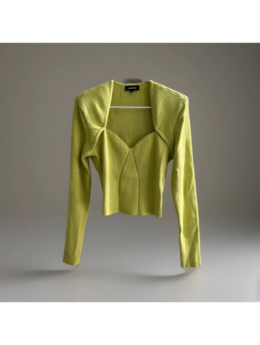 Express Womens XL Lime Green Ribbed Knit Crop Top Bolero Set Shoulder Pads